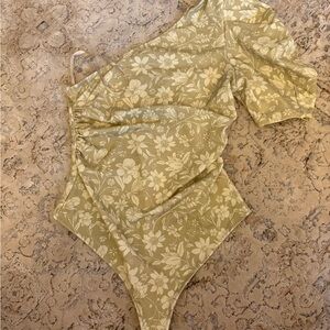 Free People Olive Floral One-Shoulder Bodysuit